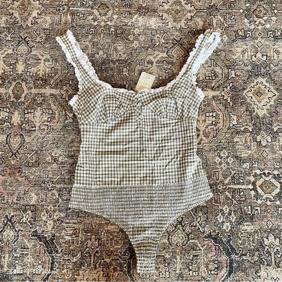 ✨SOLD✨ NWT Free People Cassie Gingham and Lace Corset Bodysuit in Army Green - Picture 8 of 10
